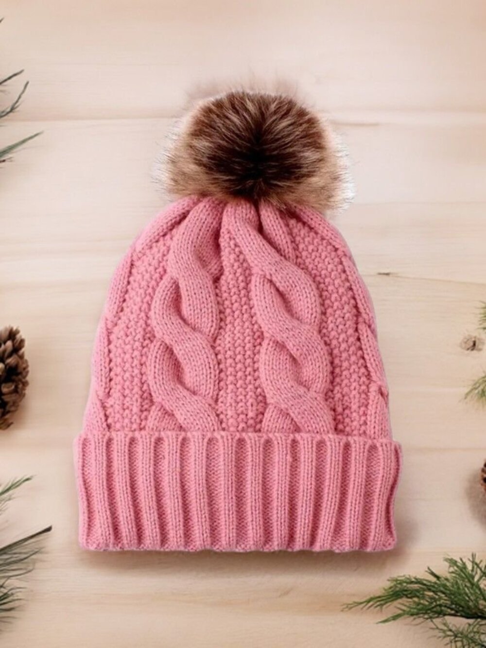Haylee Glenn Pink Fleece Lined Cable Knit Fur Pom Pom Beanie Hat Gift Packaged